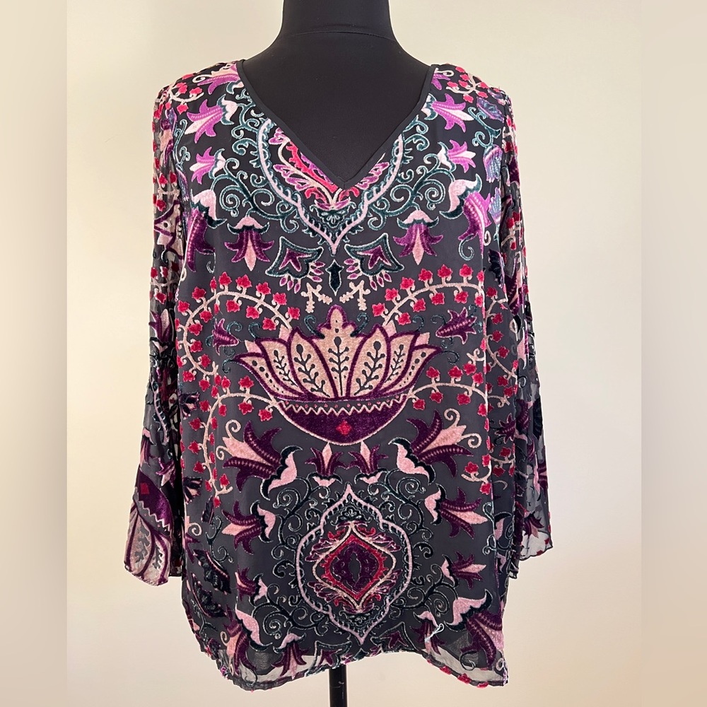 Bohemian burn out velvet blouse with bell sleeves, 2X, NWOT